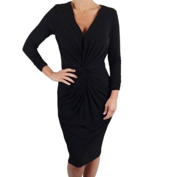 Tadashi Shoji Collection Black Front Twist V neckline Midi Dress - Picture 1 of 10